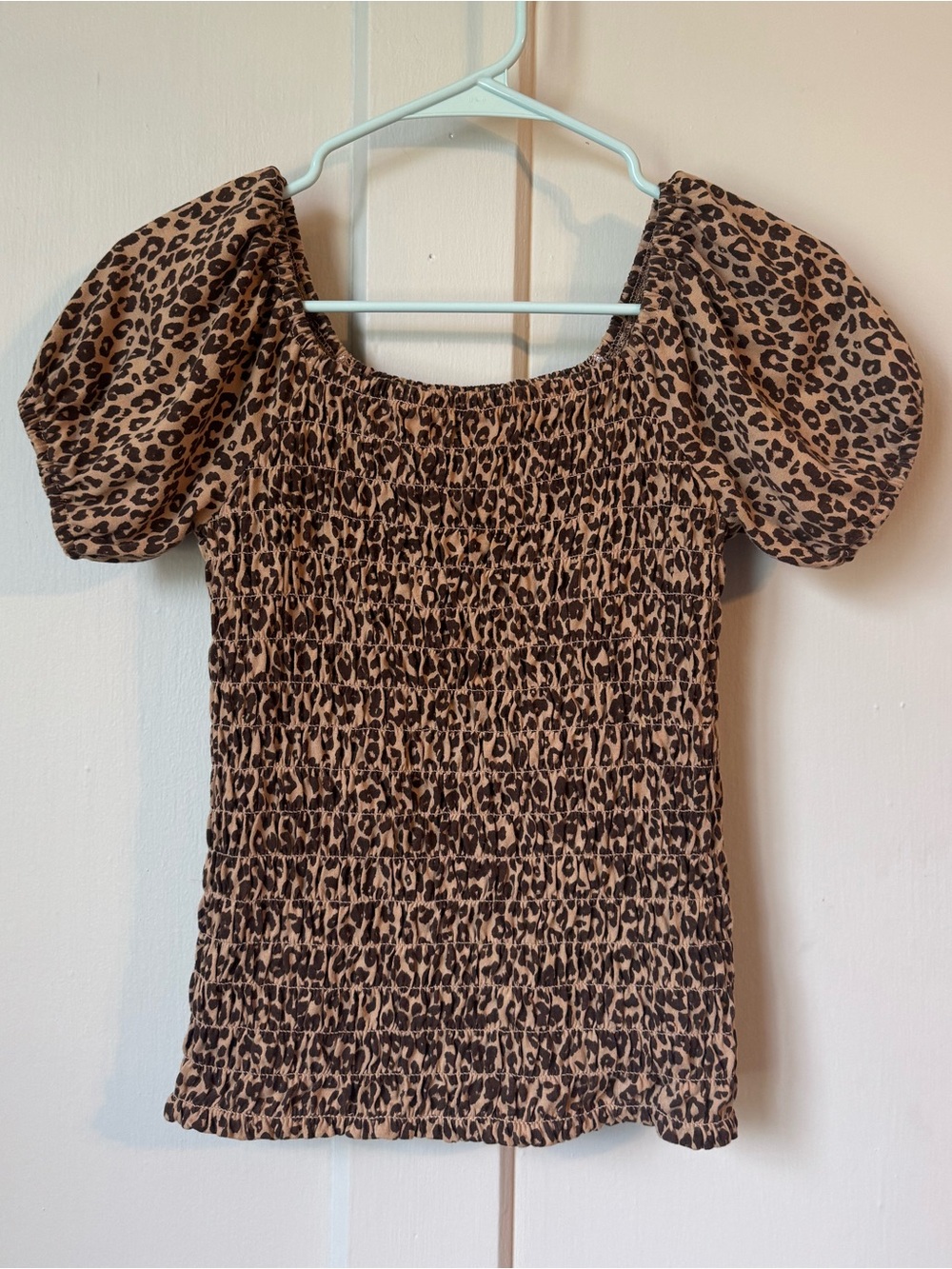 Leopard Print Puff Sleeve Smocked Top - Brown